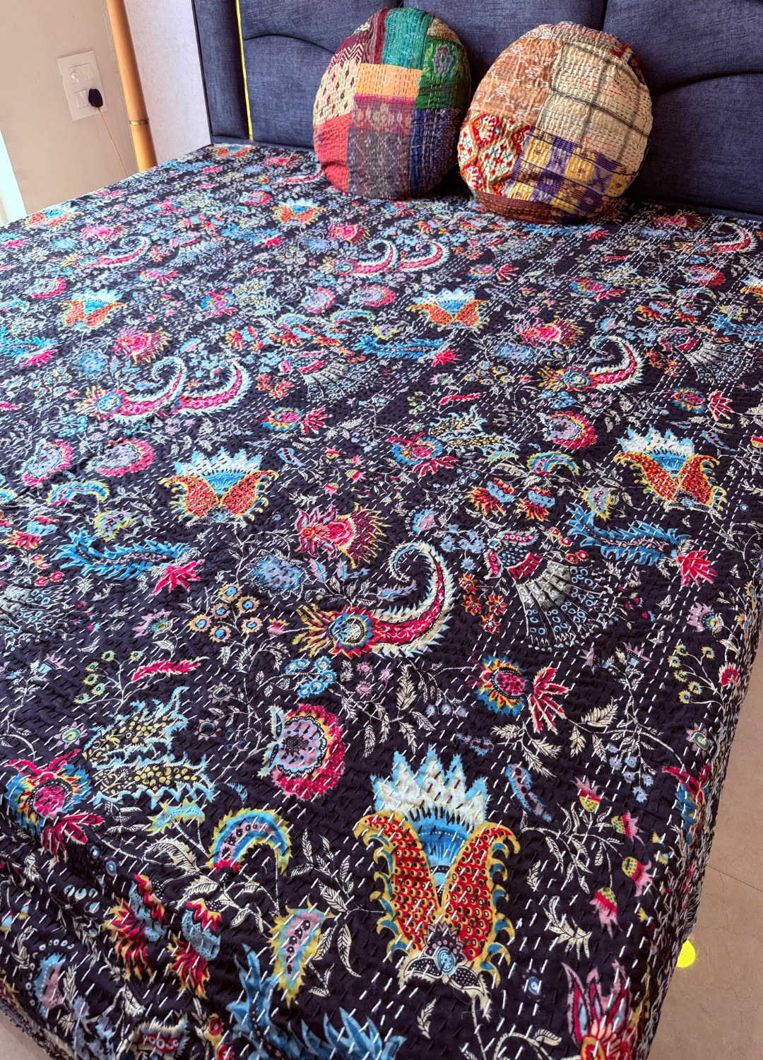 Black Kantha Luxury Bedcover - 90x108 inch