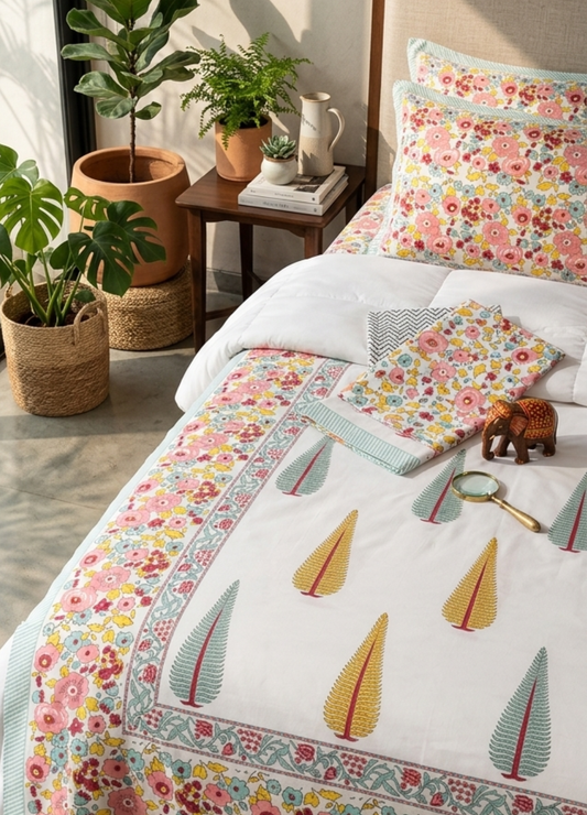 Hand Block Printed King Bedsheet with Reversible Pillow Covers (90 x 108 inches)