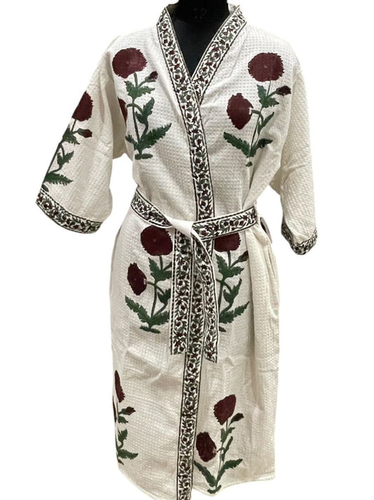Hand Block Printed Cotton Waffle Bathrobe – Ultra Soft & Absorbent