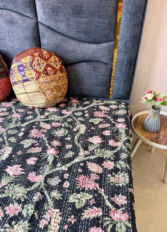 Black Kantha Luxury Bedcover - 90x108 inch