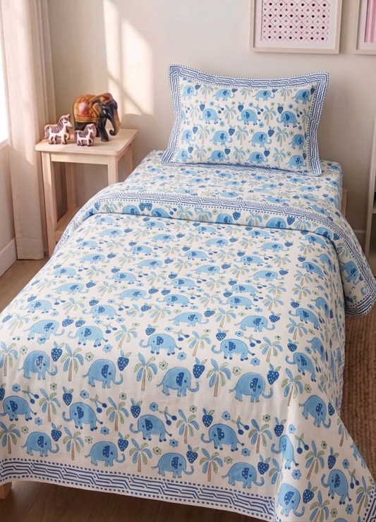 Handblock Kids Percale Single Bedsheet – Blue Jumbo