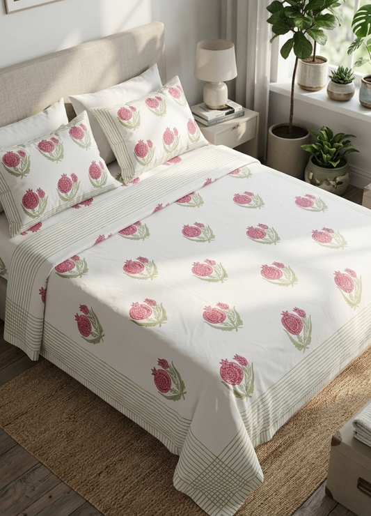 Nikhat Collection - Hand Block Printed Super King Bedsheet with Reversible Pillow Covers (108 x 108 inches)