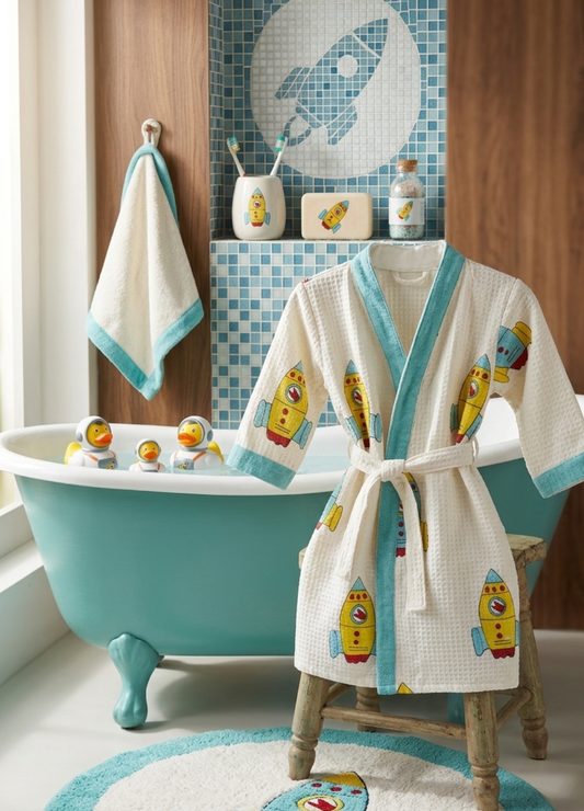 Hand Block Printed Kids Waffle Cotton Bathrobe - Rocket
