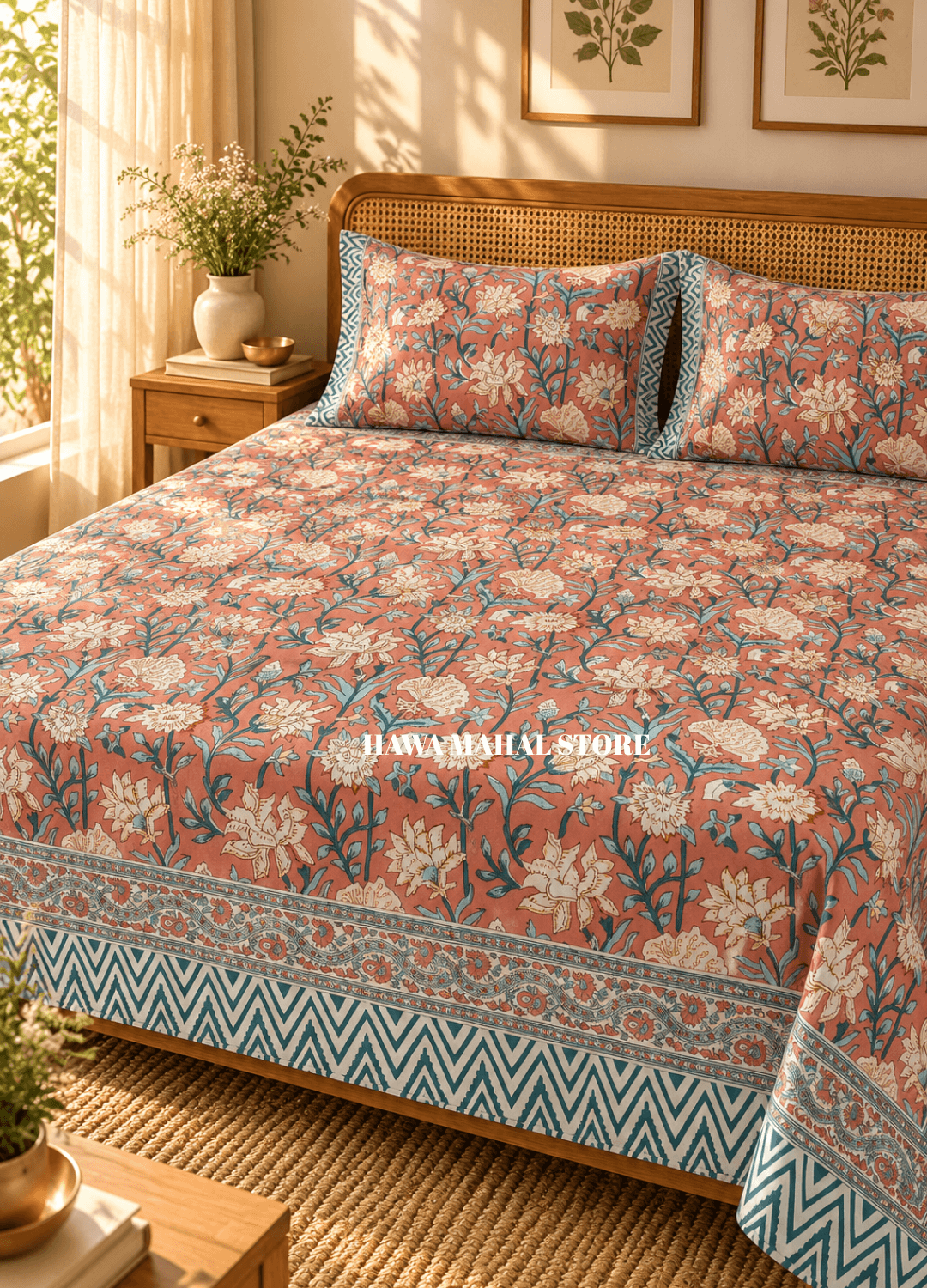 Handblock Print Percale Bedsheet with Reversible Pillow Covers