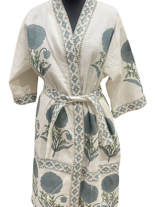 Booti Bagh Hand Block Printed Cotton Waffle Bathrobe – Ultra Soft & Absorbent
