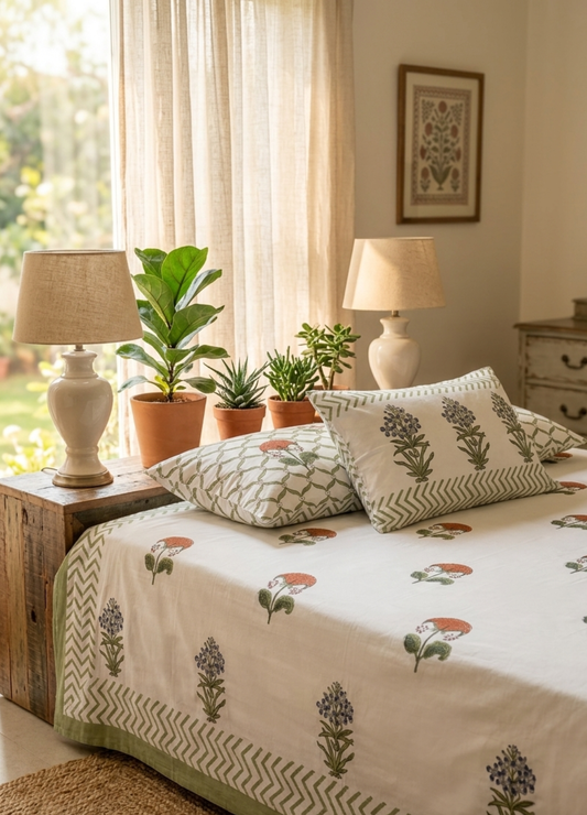 Hand Block Printed King Bedsheet with Reversible Pillow Covers (90 x 108 inches)