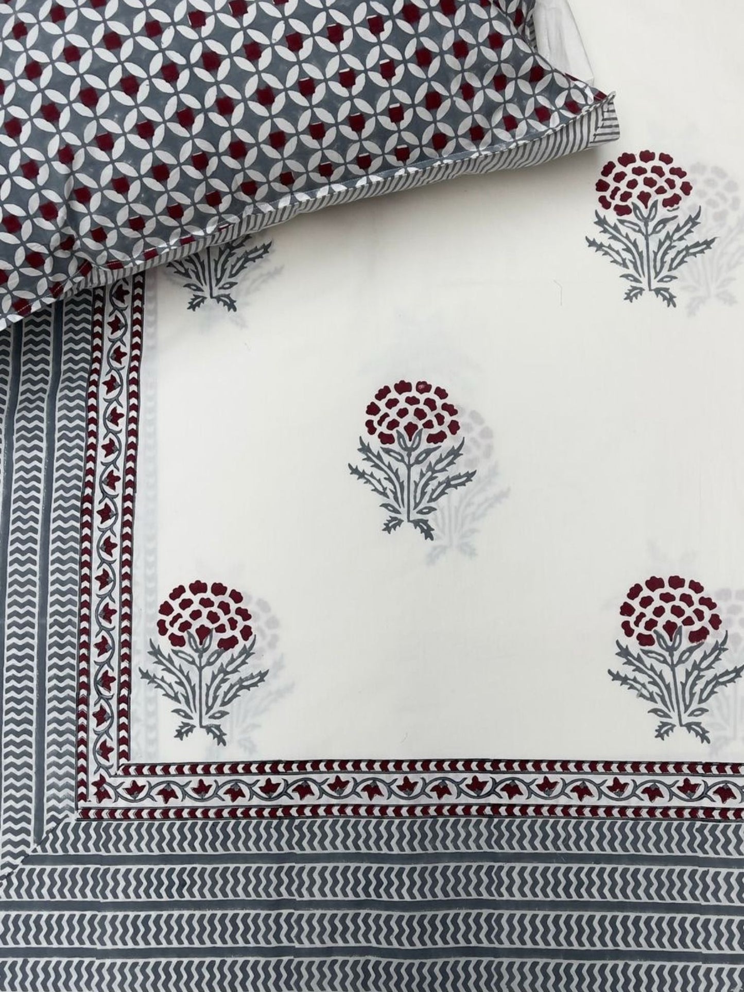 Manjari Hand Block Printed King Bedsheet with Reversible Pillow Covers (90 x 108 inches)