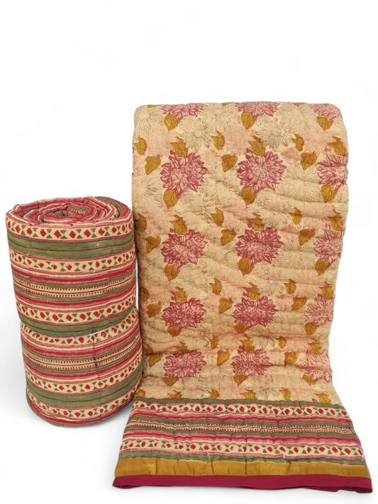 Jaipuri Quilt- Handblock Printed Reversible Mulmul Cotton Quilt - Double (90 x 108 inch)