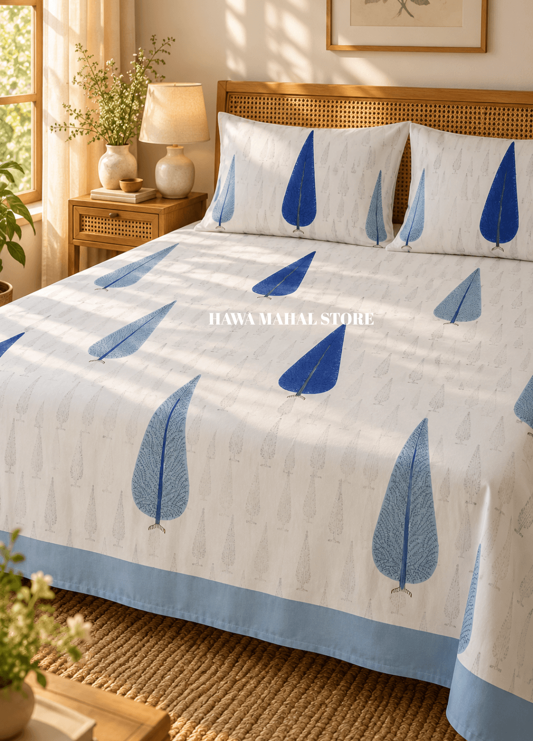 Handblock Print Percale Bedsheet with Reversible Pillow Covers