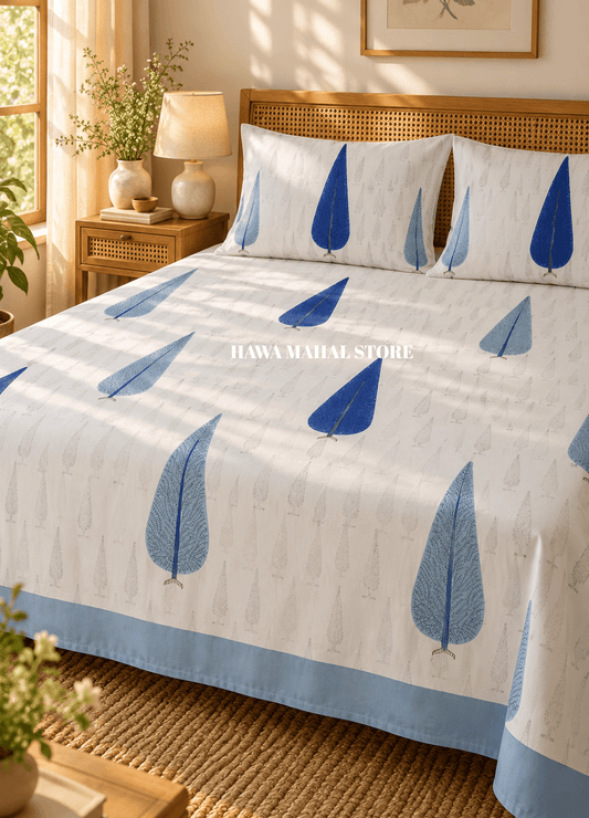 Handblock Print Percale Bedsheet with Reversible Pillow Covers