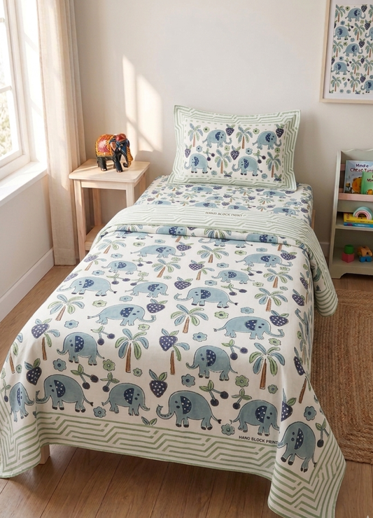 Kids Handblock South cotton Single Bedsheet – Blue Elephant
