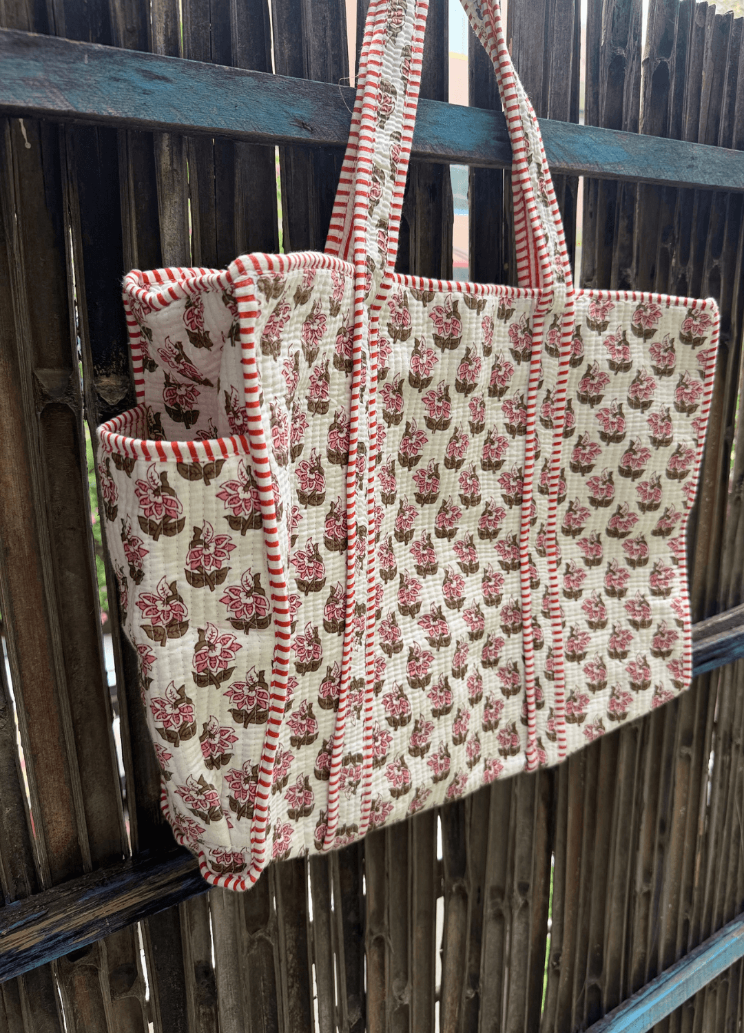 Block Printed Big Tote with bottle holder