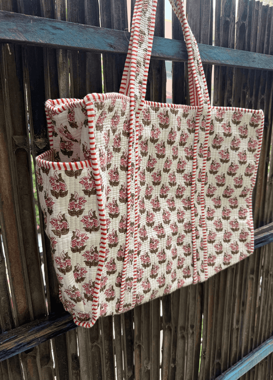 Block Printed Big Tote with bottle holder