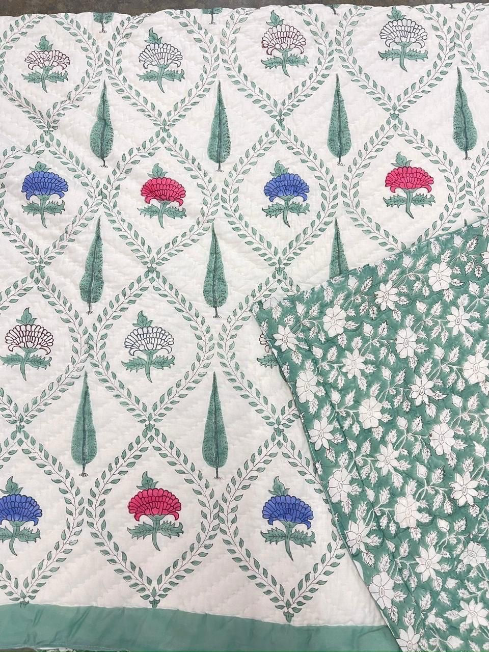 Handblock Printed Reversible Mulmul Cotton Quilt - Double (90 x 108 inch)