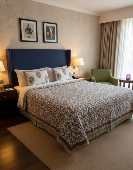 Handcrafted Quilted Cotton Bedcover with Two Pillow Covers