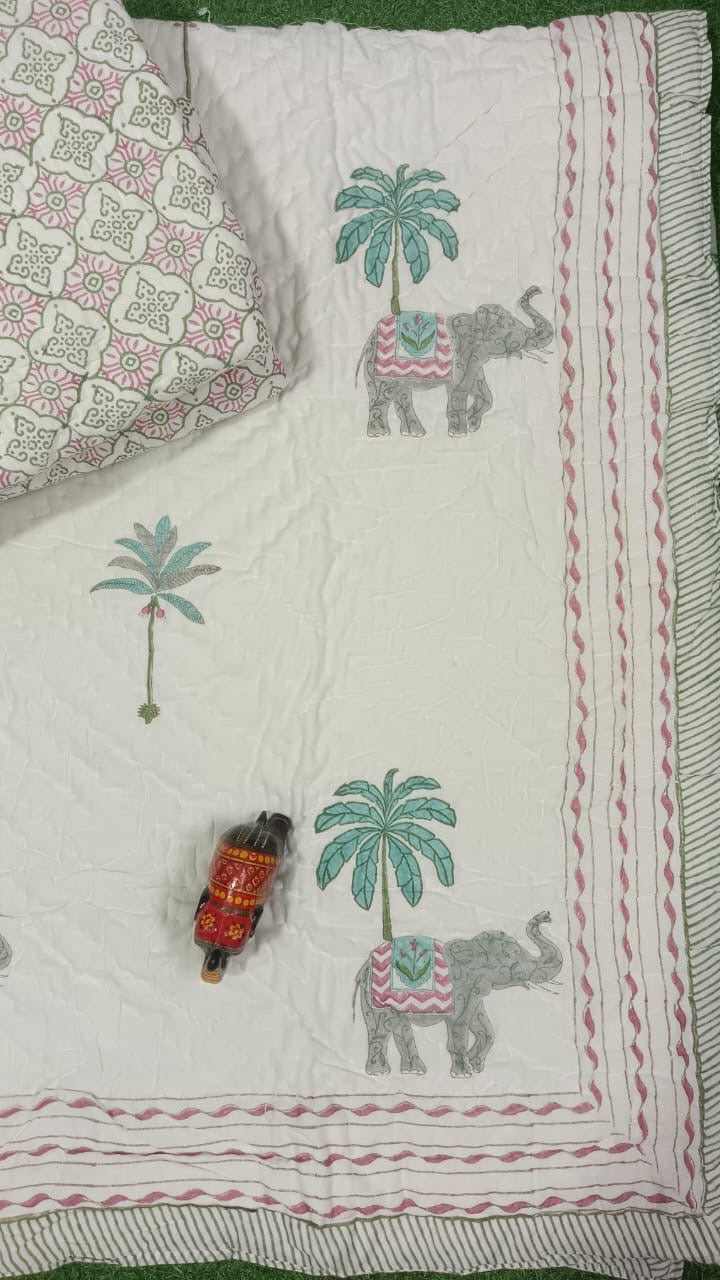 Elephant Handblock Printed Reversible Mulmul Cotton Quilt - Single (60 x 90 inch)