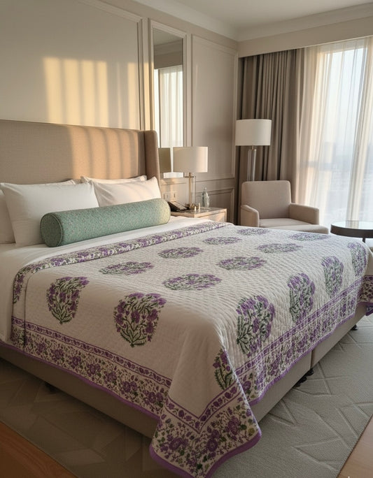 Purple Handblock Printed Reversible Mulmul Cotton Quilt - Double (90 x 108 inch)