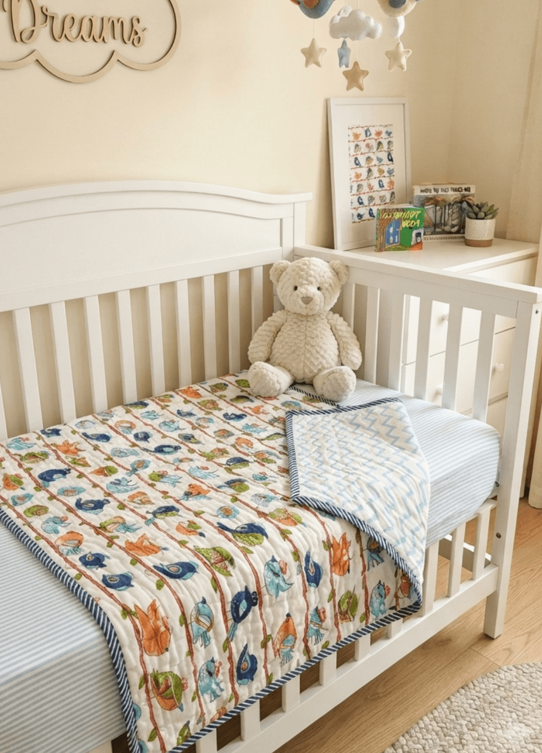 Kids Reversible Mulmul Quilt- Birds