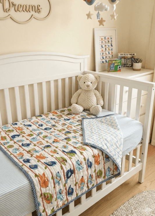 Kids Reversible Mulmul Quilt- Birds