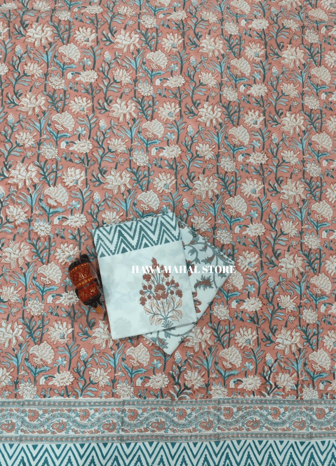 Handblock Print Percale Bedsheet with Reversible Pillow Covers
