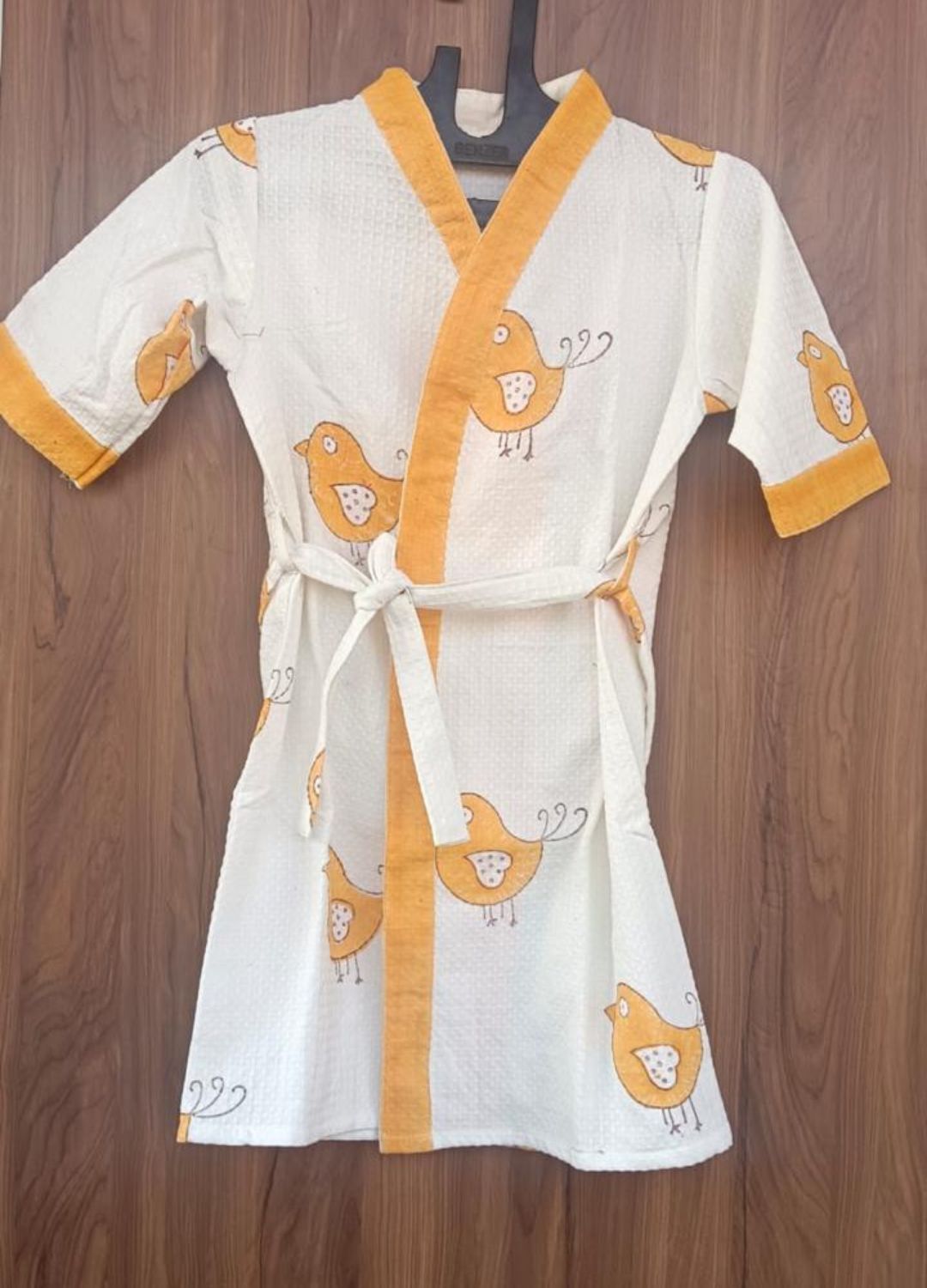 Hand Block Printed Kids Waffle Cotton Bathrobe - Yellow Bird