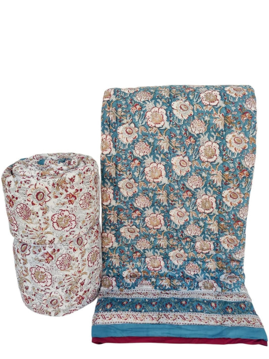 Jaipuri Quilt- Handblock Printed Reversible Mulmul Cotton Quilt - Double (90 x 108 inch)