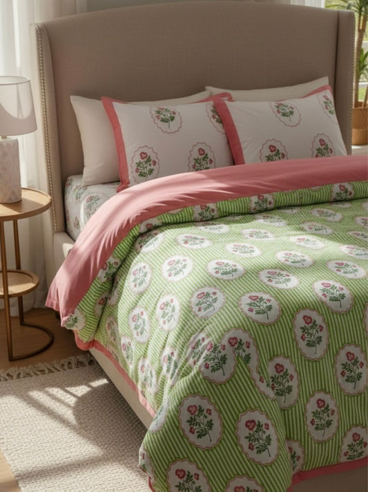 Taruni Hand Block Printed King Bedsheet with Reversible Pillow Covers (90 x 108 inches)
