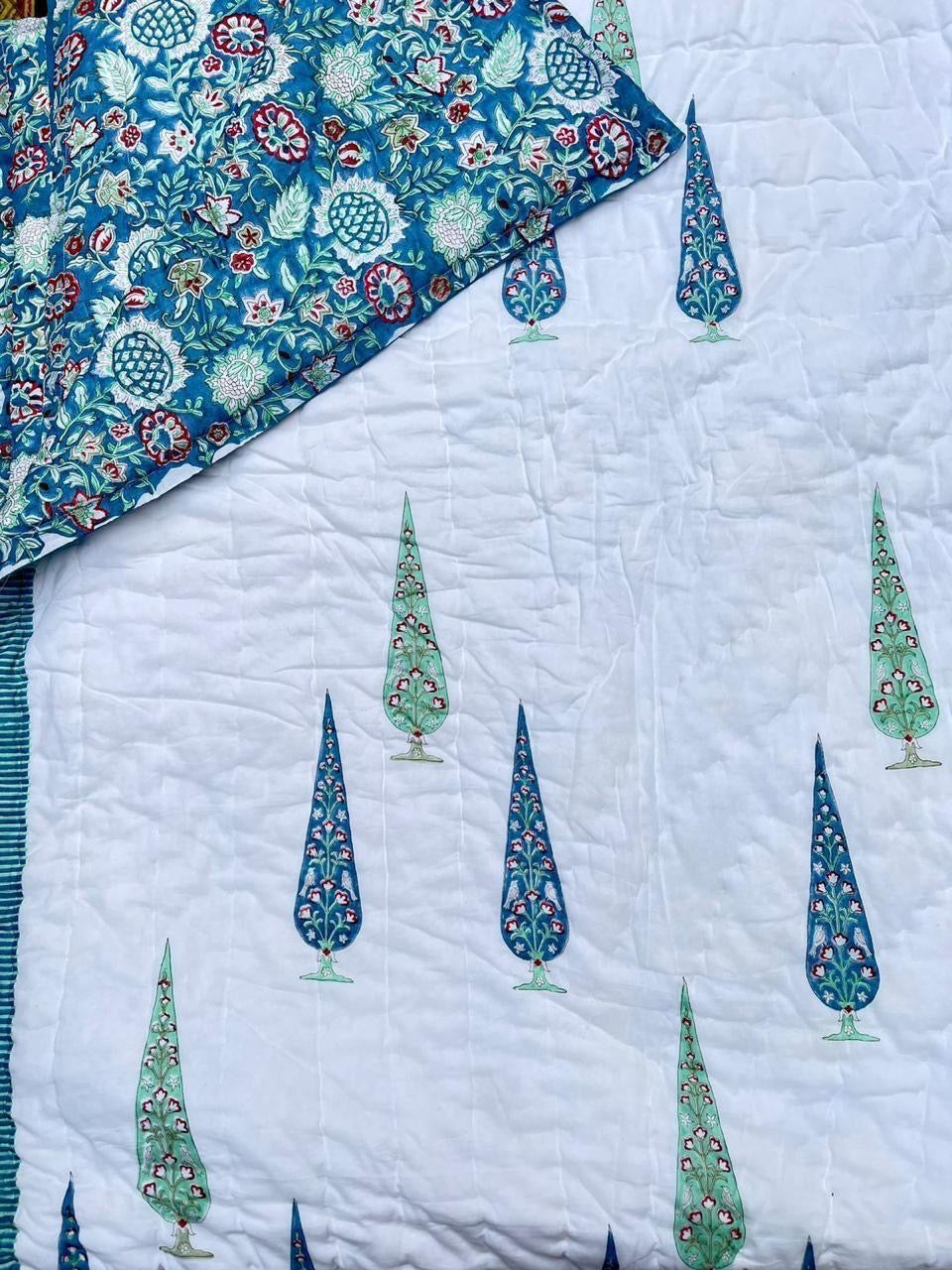 Blue cypress- Handblock Printed Reversible Mulmul Cotton Quilt - Double (90 x 108 inch)