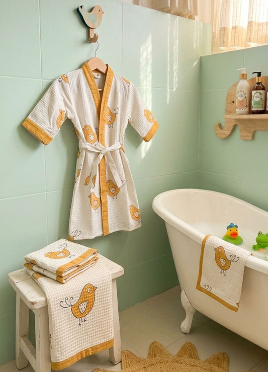 Hand Block Printed Kids Waffle Cotton Bathrobe - Yellow Bird
