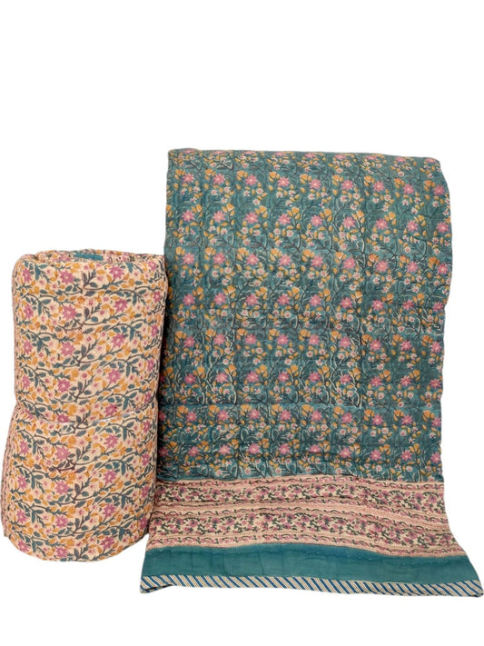 Jaipuri Quilt- Handblock Printed Reversible Mulmul Cotton Quilt - Double (90 x 108 inch)