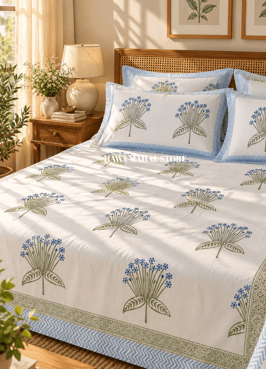 Handblock Print Percale Bedsheet with Reversible Pillow Covers