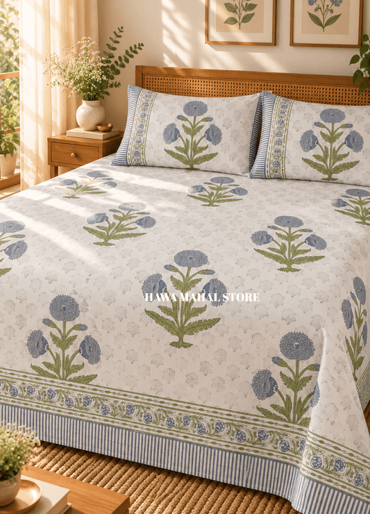 Handblock Print Percale Bedsheet with Reversible Pillow Covers