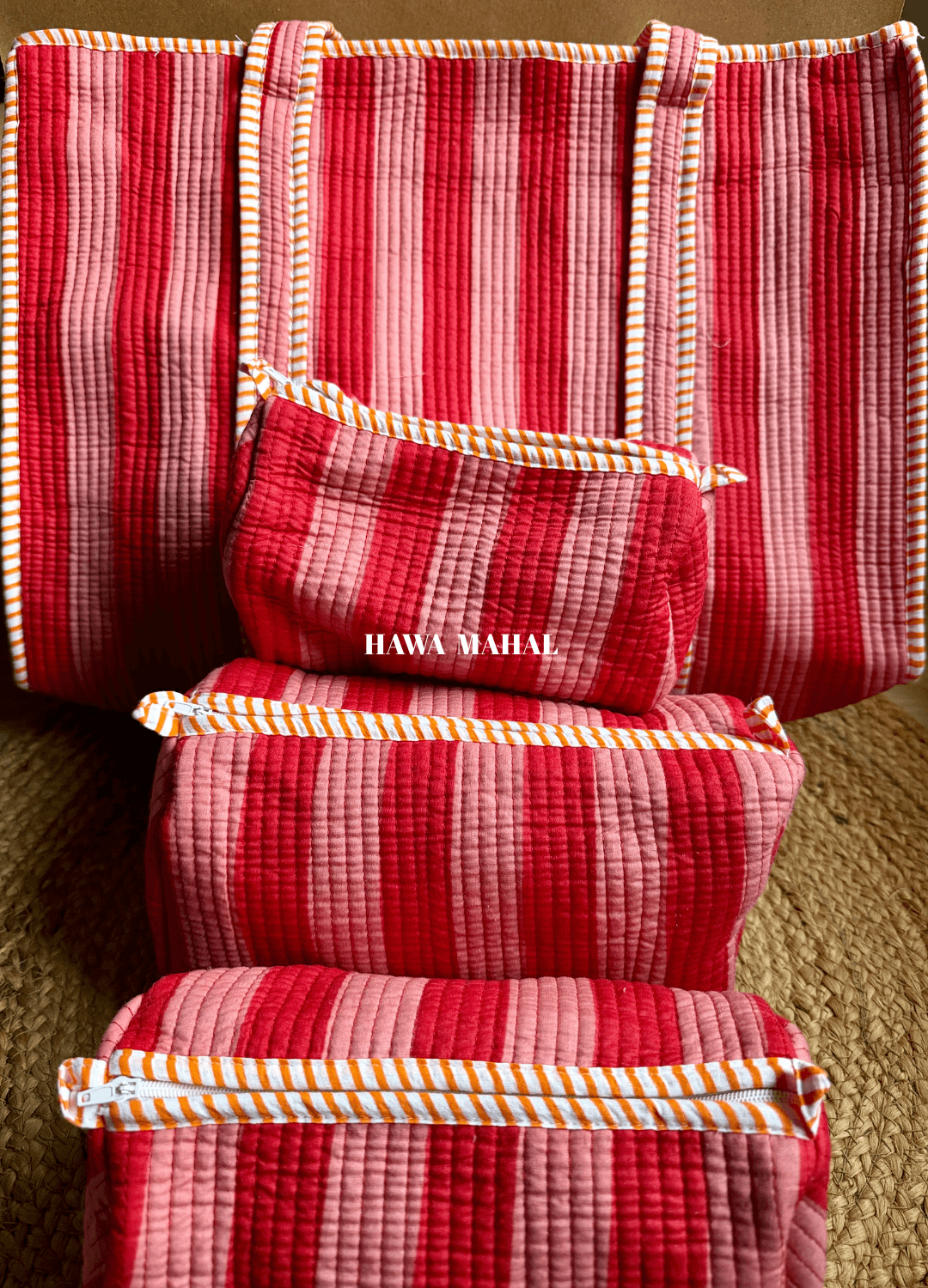Stripe Quilted Cotton Tote Bag & Pouches (Set of 3) Combo