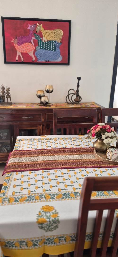 Yellow Hand Block Printed Canvas Table Cover – 60x90 inches