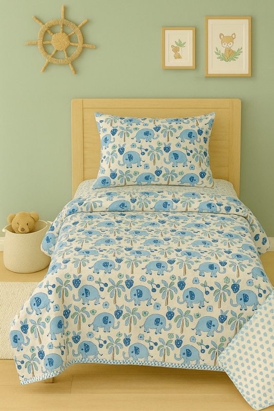 Kids Reversible Mulmul Quilt- Blue Elephant