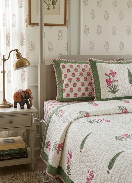 Handcrafted Quilted Cotton Bedcover with Two Pillow Covers