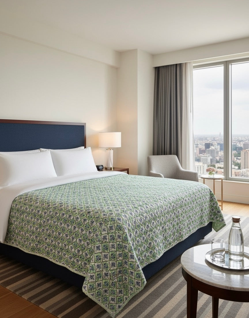 Green Handblock Printed Reversible Mulmul Cotton Quilt - Double (90 x 108 inch)