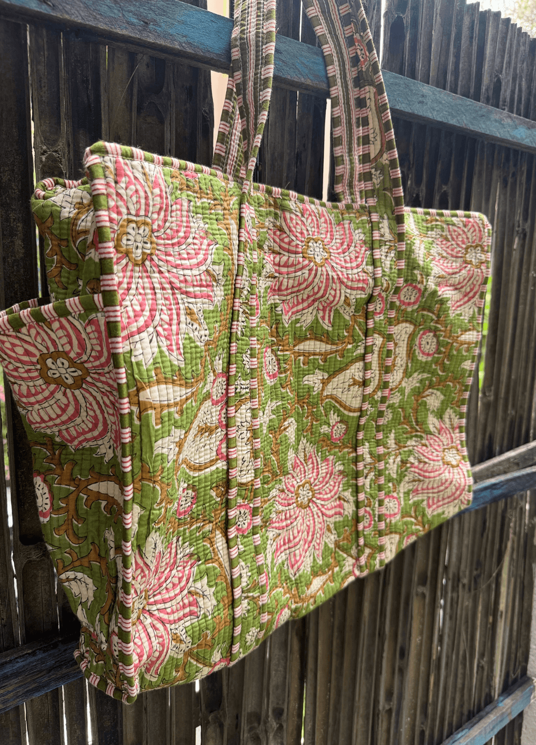 Block Printed Big Tote with bottle holder