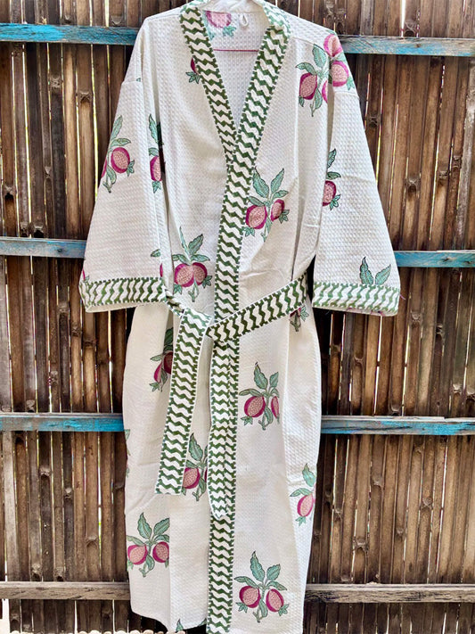 Hand Block Printed Cotton Waffle Bathrobe – Ultra Soft & Absorbent