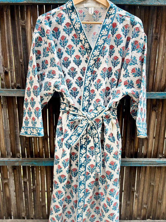 Hand Block Printed Cotton Waffle Bathrobe – Ultra Soft & Absorbent