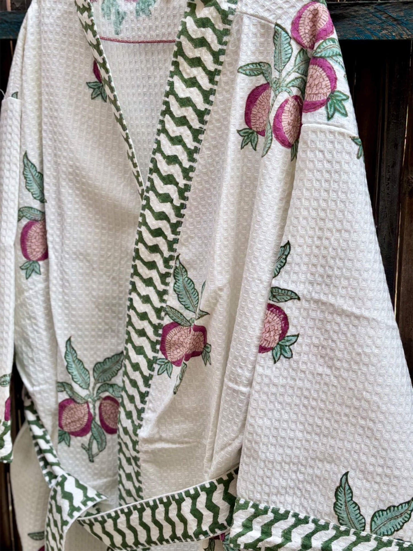 Hand Block Printed Cotton Waffle Bathrobe – Ultra Soft & Absorbent