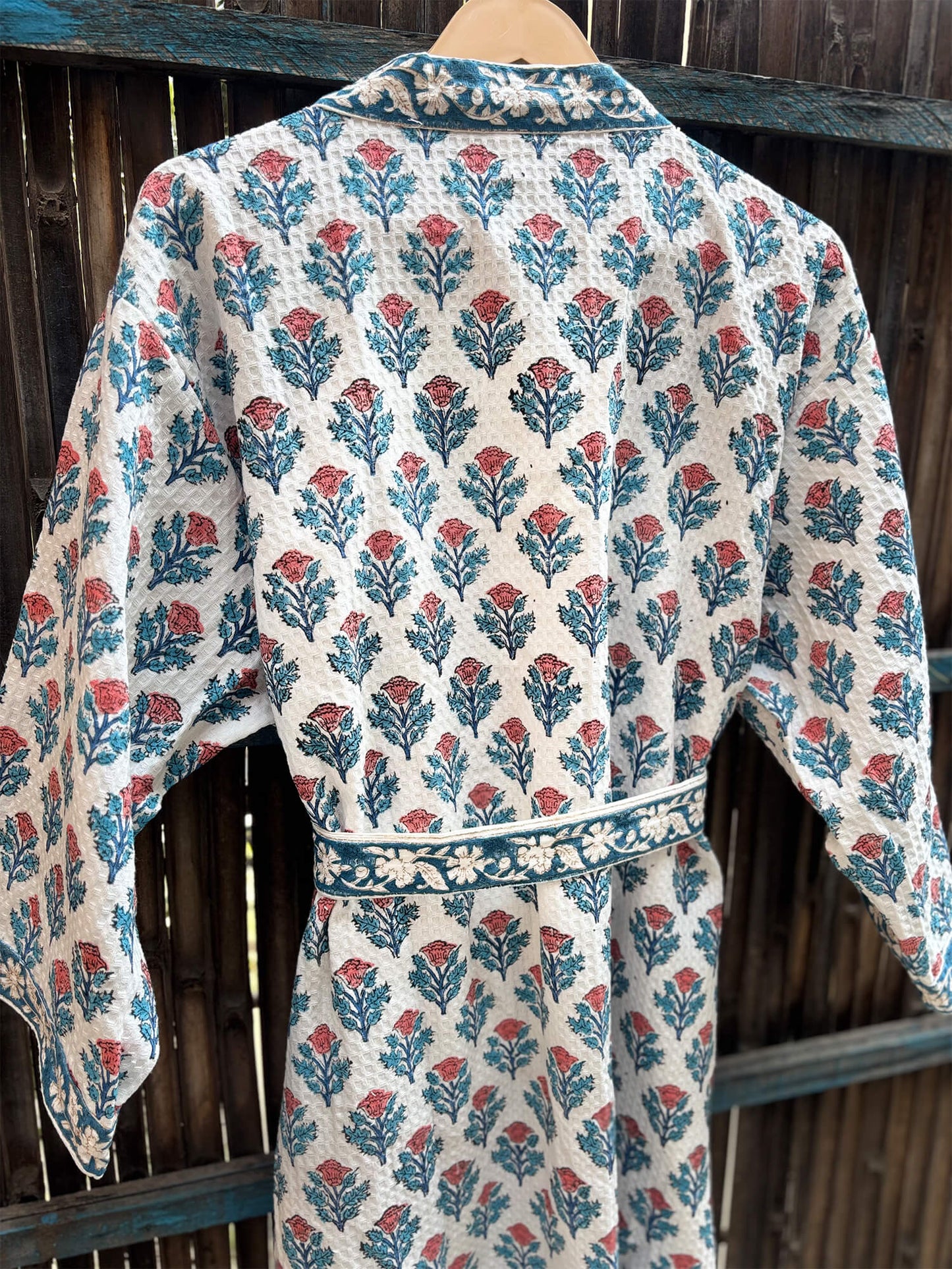 Hand Block Printed Cotton Waffle Bathrobe – Ultra Soft & Absorbent