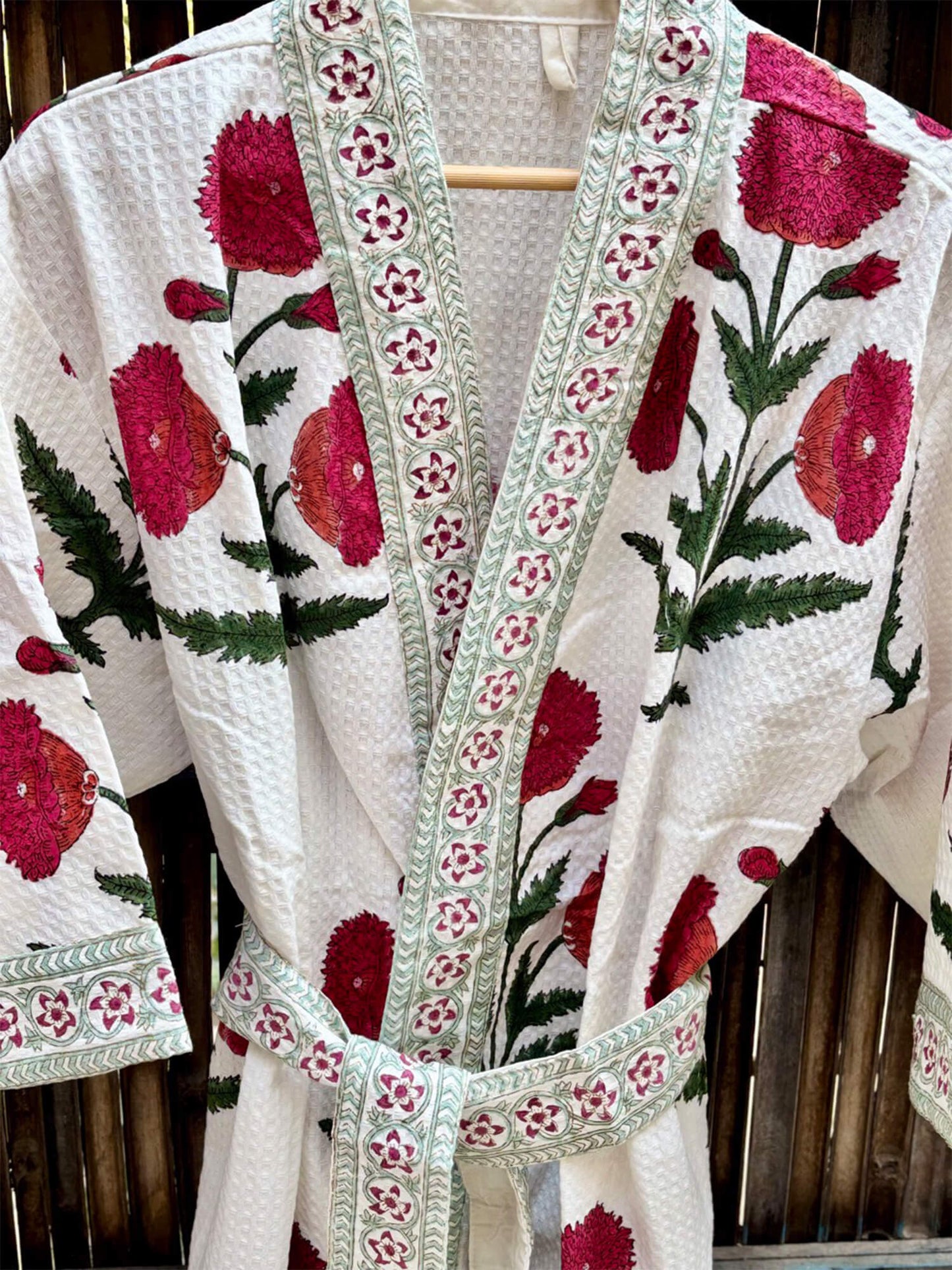 Hand Block Printed Cotton Waffle Bathrobe – Ultra Soft & Absorbent