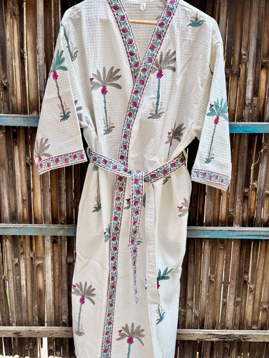 Hand Block Printed Cotton Waffle Bathrobe – Ultra Soft & Absorbent