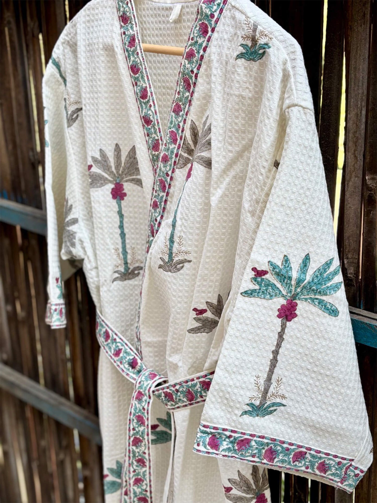 Hand Block Printed Cotton Waffle Bathrobe – Ultra Soft & Absorbent