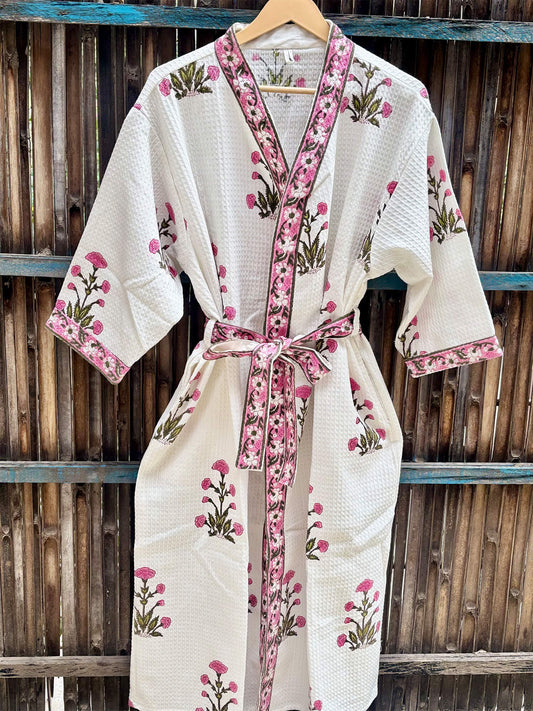 Pink Hand Block Printed Cotton Waffle Bathrobe – Ultra Soft & Absorbent