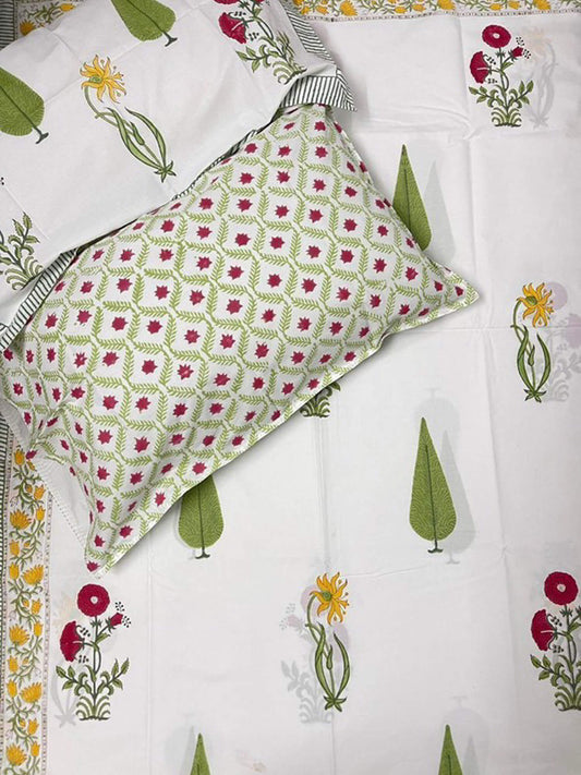 Sultan Bagh Collection - Hand Block Printed King Bedsheet with Reversible Pillow Covers (90 x 108 inches)