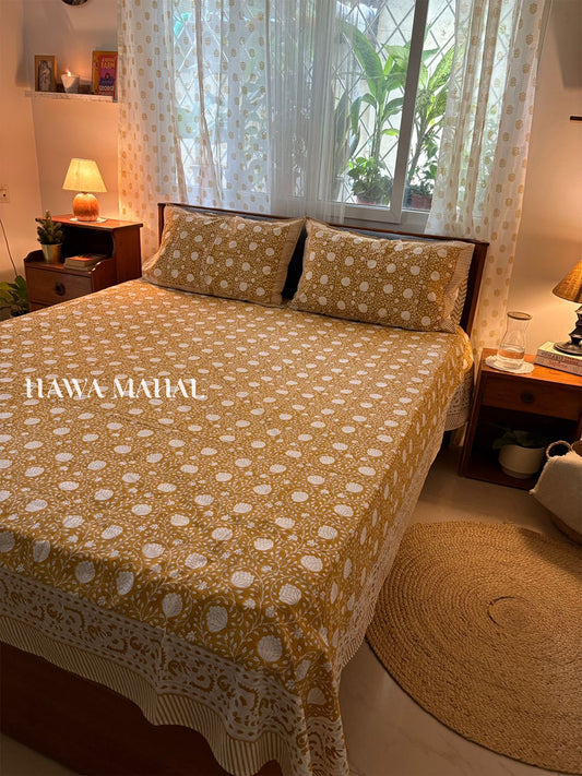 Mustard Hand Block Printed King Bedsheet with Reversible Pillow Covers (90 x 108 inches)