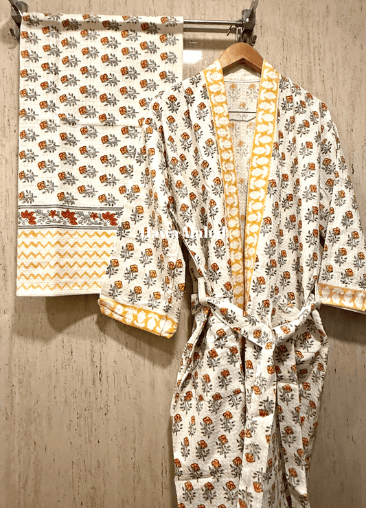 Set of 2 Blockprint Cotton Waffle Bathrobe & Towel