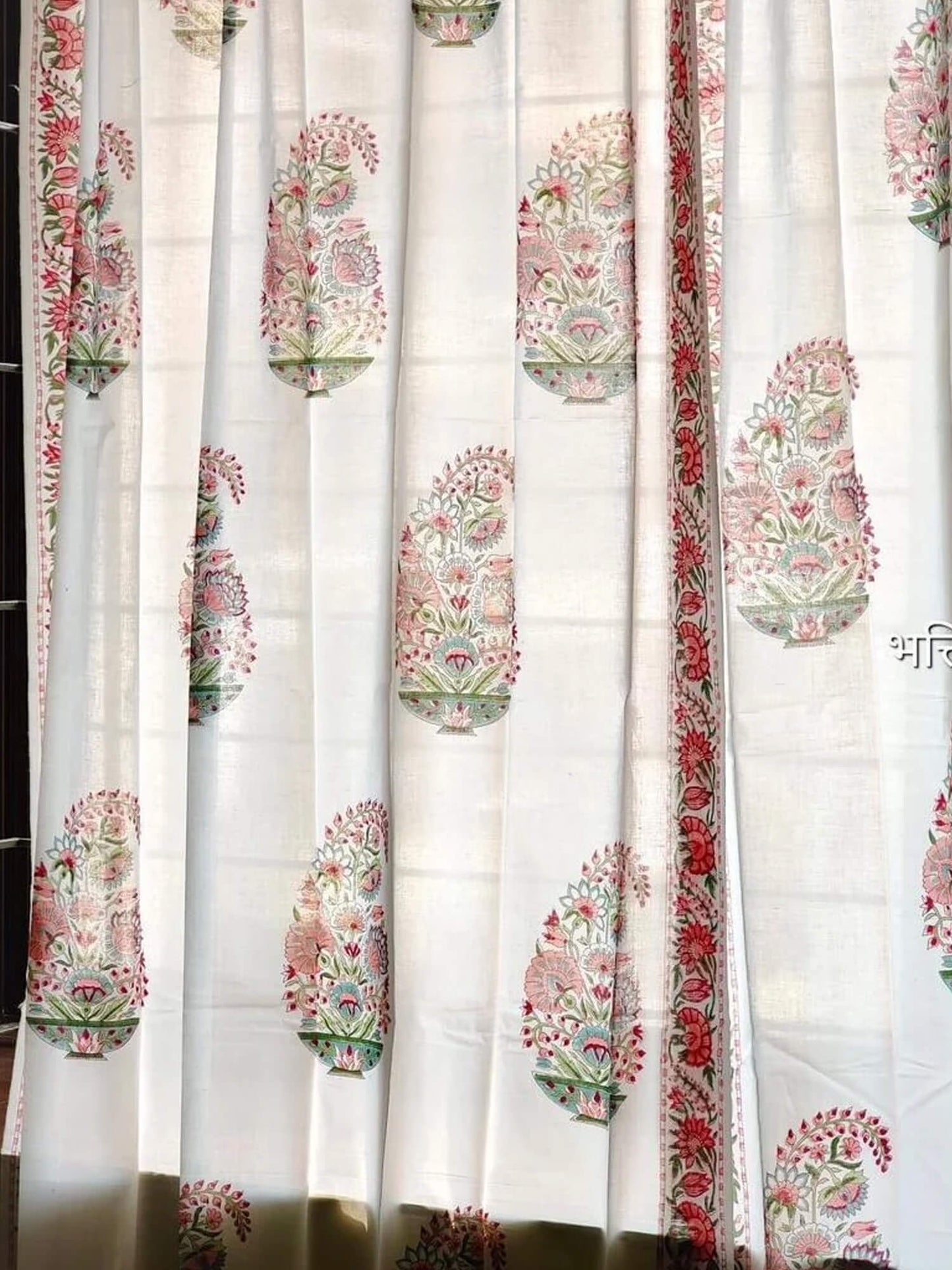 Block Print Curtain- White Paisley